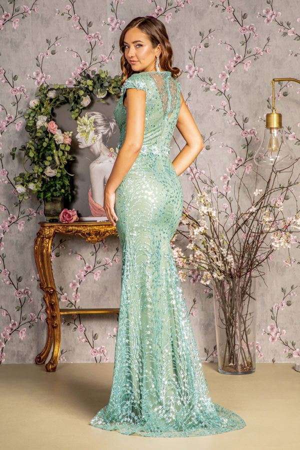 3-D Flower Glitter Sheer Neckline Mesh Mermaid Long Dress-1