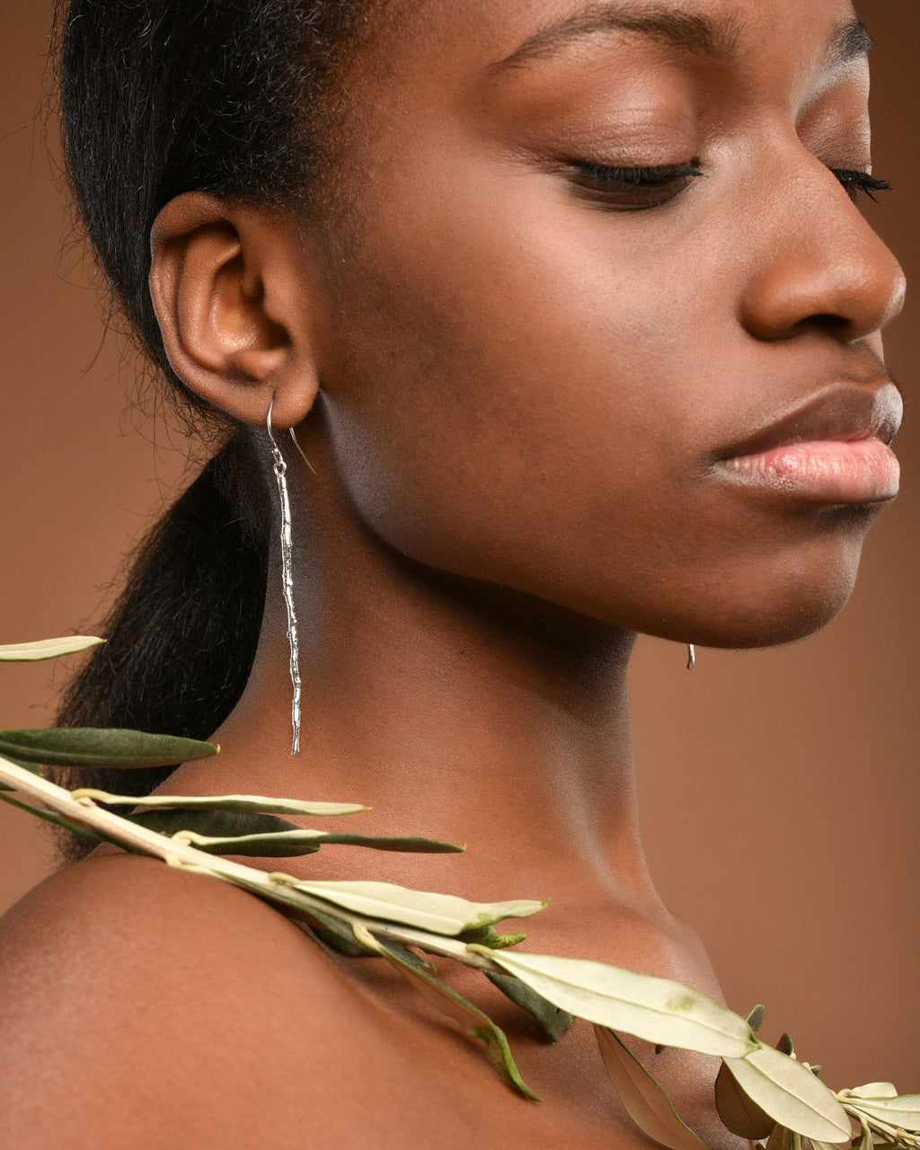 Olive Branch Earrings: Handmade Sterling Silver (Long, Thin Design)-2