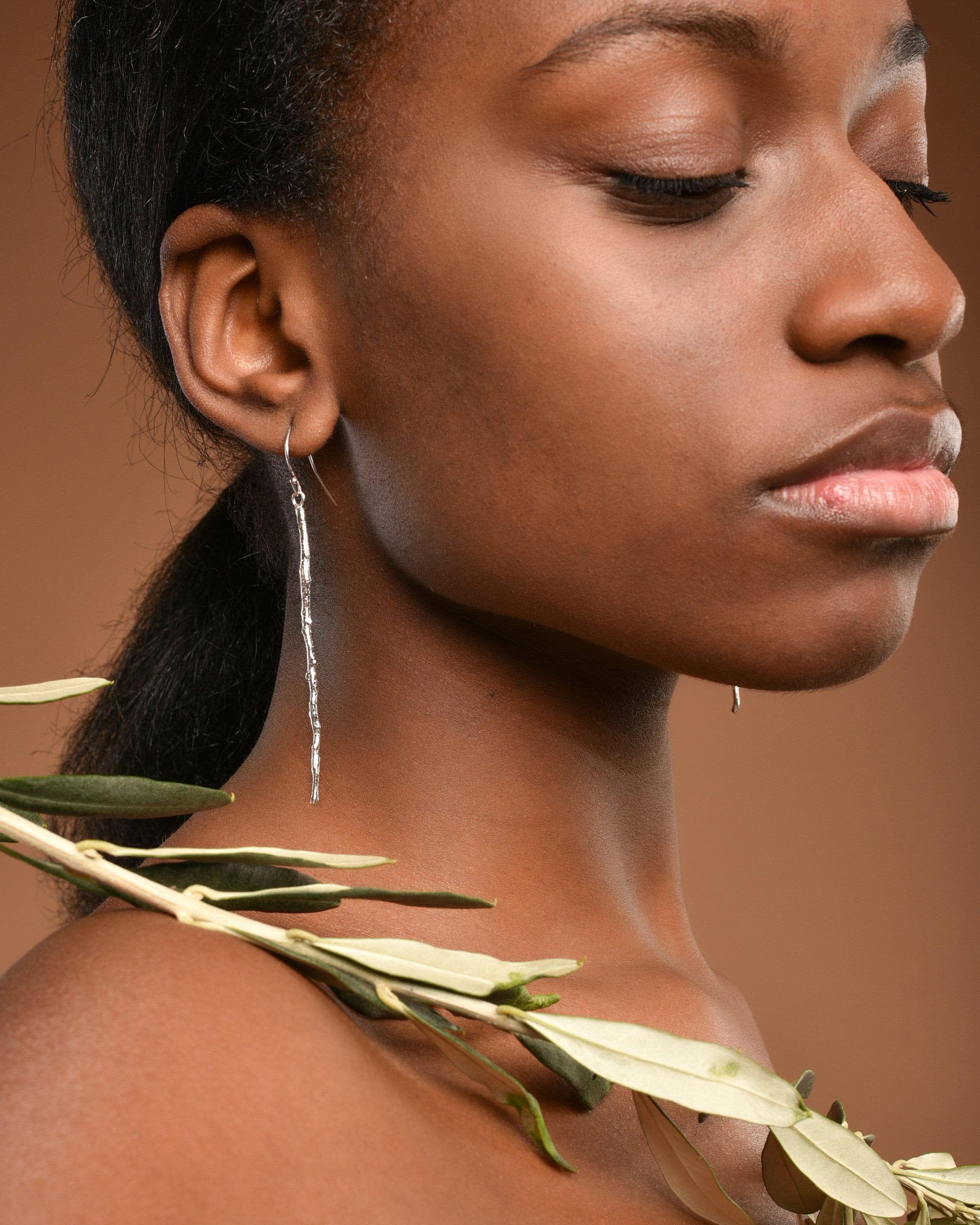 Olive Branch Earrings: Handmade Sterling Silver (Long, Thin Design)-2